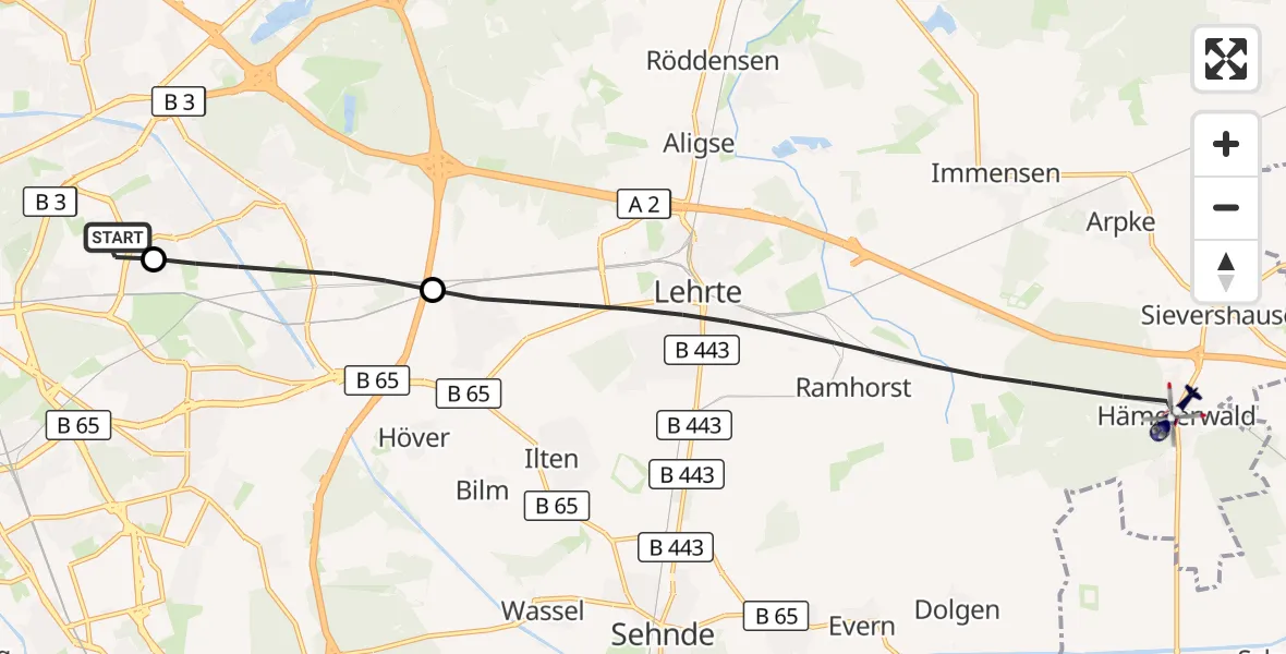 Flugroute Polizeihubschrauber Hannover Luftrettung Hubschrauberlandeplatz (Christoph 4) - Lehrte, 06 Oktober 2026, 13:29