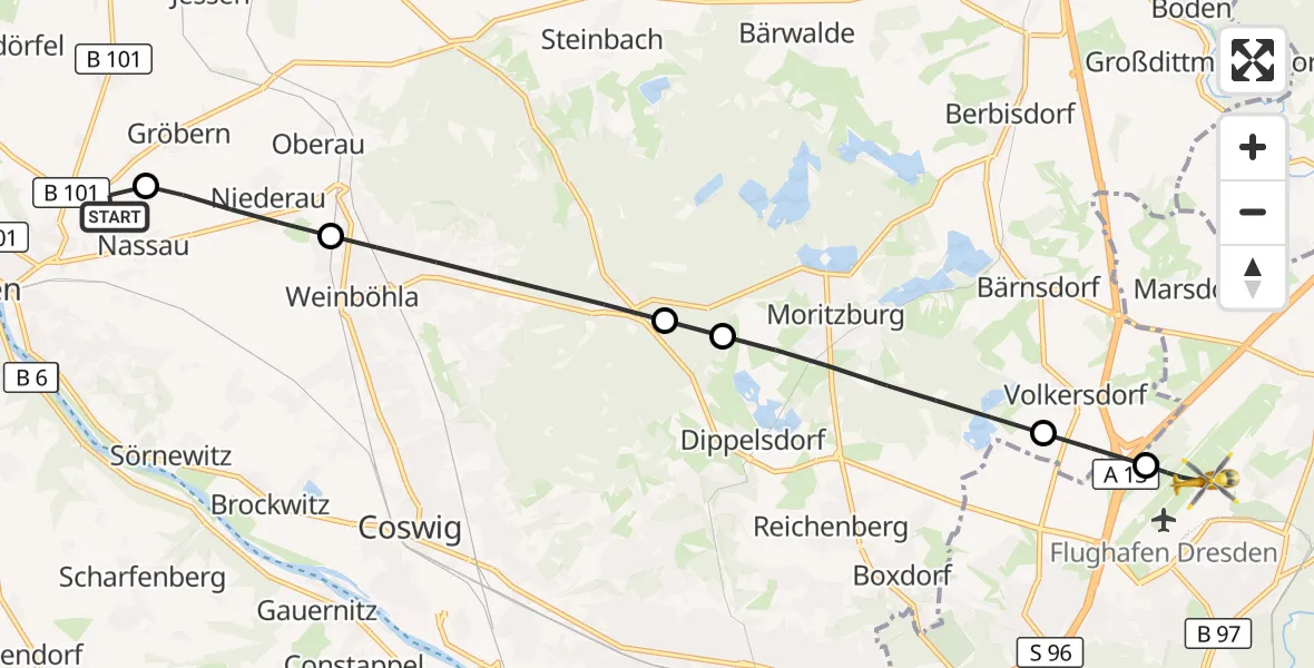 Flugroute Rettungshubschrauber Meißen - Dresden Bundespolizei Hubschrauberlandeplatz, 06 Oktober 2026, 13:35