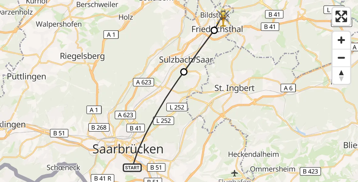 Flugroute Rettungshubschrauber Saarbrücken - Friedrichsthal, 06 Oktober 2026, 13:36