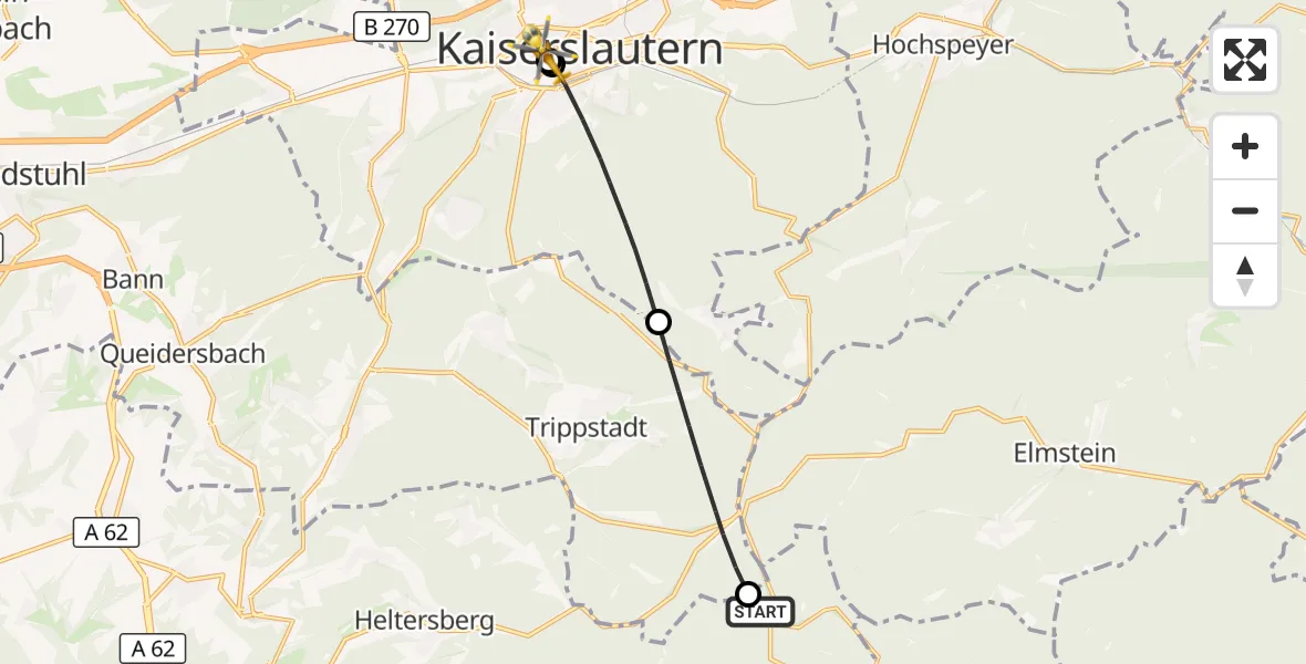 Flugroute Rettungshubschrauber Leimen - Westpfalz Hospital Kaiserslautern, 06 Oktober 2026, 13:40
