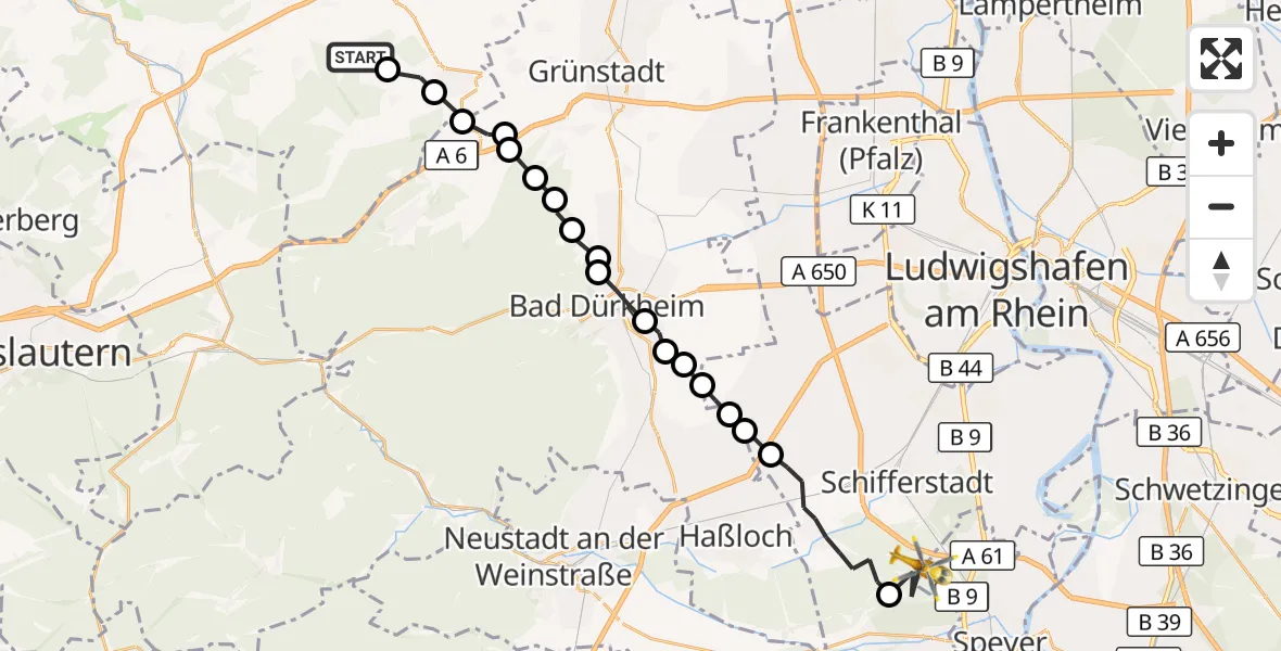 Flugroute Rettungshubschrauber Göllheim - Dudenhofen, 06 Oktober 2026, 13:41