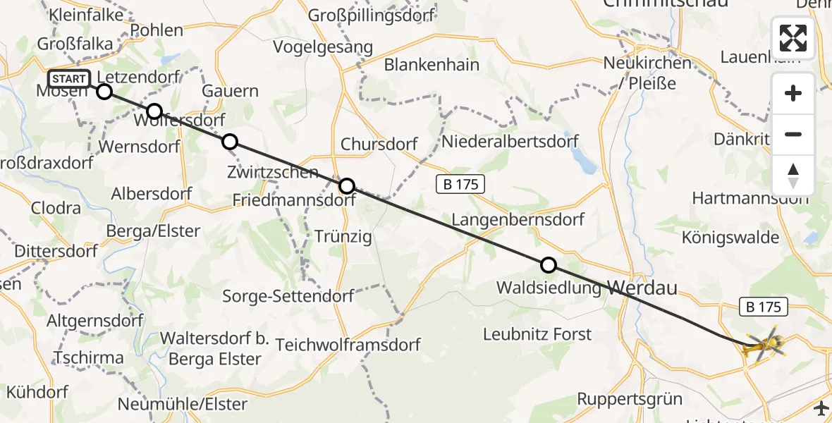Flugroute Rettungshubschrauber Berga-Wünschendorf - ADAC Air Rescue Station Zwickau Hubschrauberlandeplatz, 06 Oktober 2026, 13:45