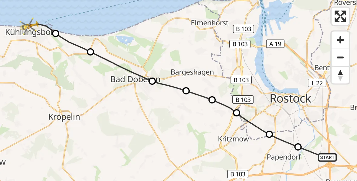 Flugroute Ambulanzhubschrauber Dummerstorf - Kühlungsborn, 06 Oktober 2026, 14:00