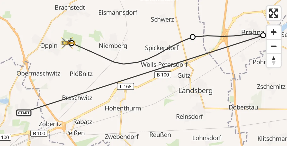 Flugroute Rettungshubschrauber Halle (Saale) - Halle-Oppin Flugplatz, 06 Oktober 2026, 14:11