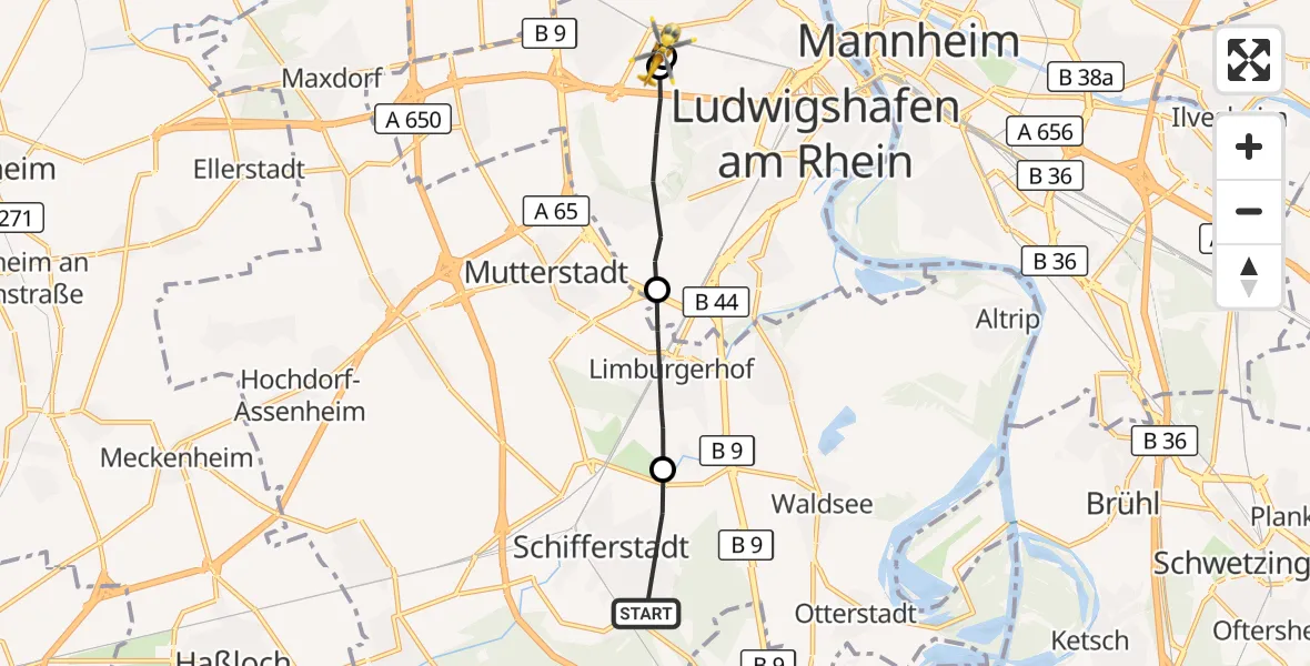 Flugroute Rettungshubschrauber Schifferstadt - Ludwigshafen Accident Hospital, 06 Oktober 2026, 14:19