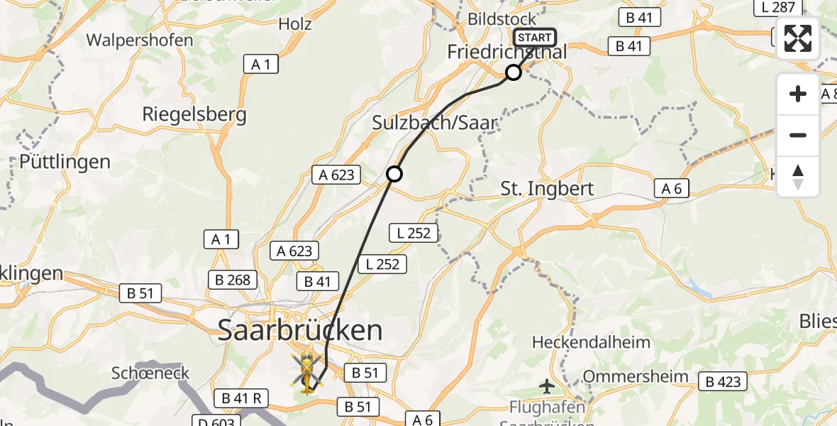 Flugroute Rettungshubschrauber Friedrichsthal - Saarbrücken, 06 Oktober 2026, 14:20