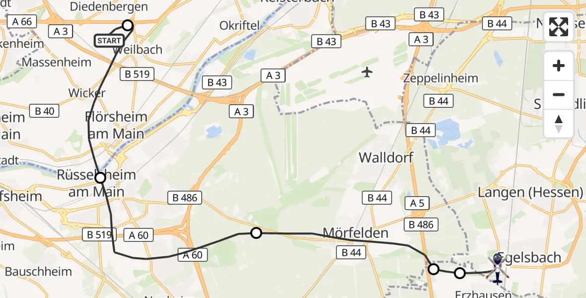 Flugroute Polizeihubschrauber Hofheim am Taunus - Flughafen Frankfurt-Egelsbach, 06 Oktober 2026, 14:24
