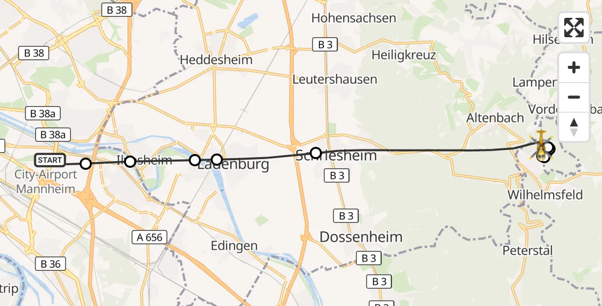 Flugroute Rettungshubschrauber Mannheim-City Flughafen - Wilhelmsfeld, 06 Oktober 2026, 14:41