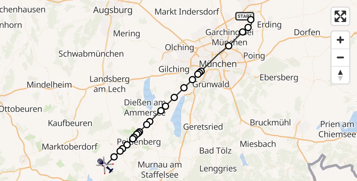 Flugroute Polizeihubschrauber München Flughafen - Steingaden, 06 Oktober 2026, 14:50