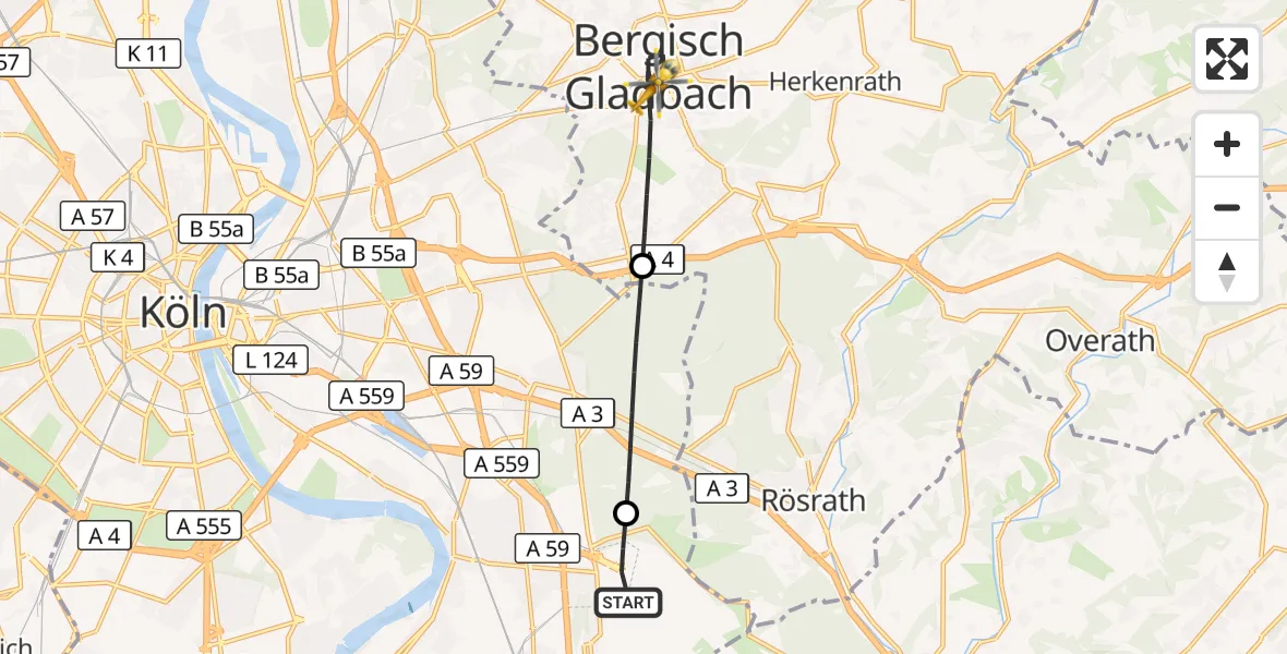 Flugroute Rettungshubschrauber Köln Bonn Flughafen - Bergisch Gladbach, 06 Oktober 2026, 14:54