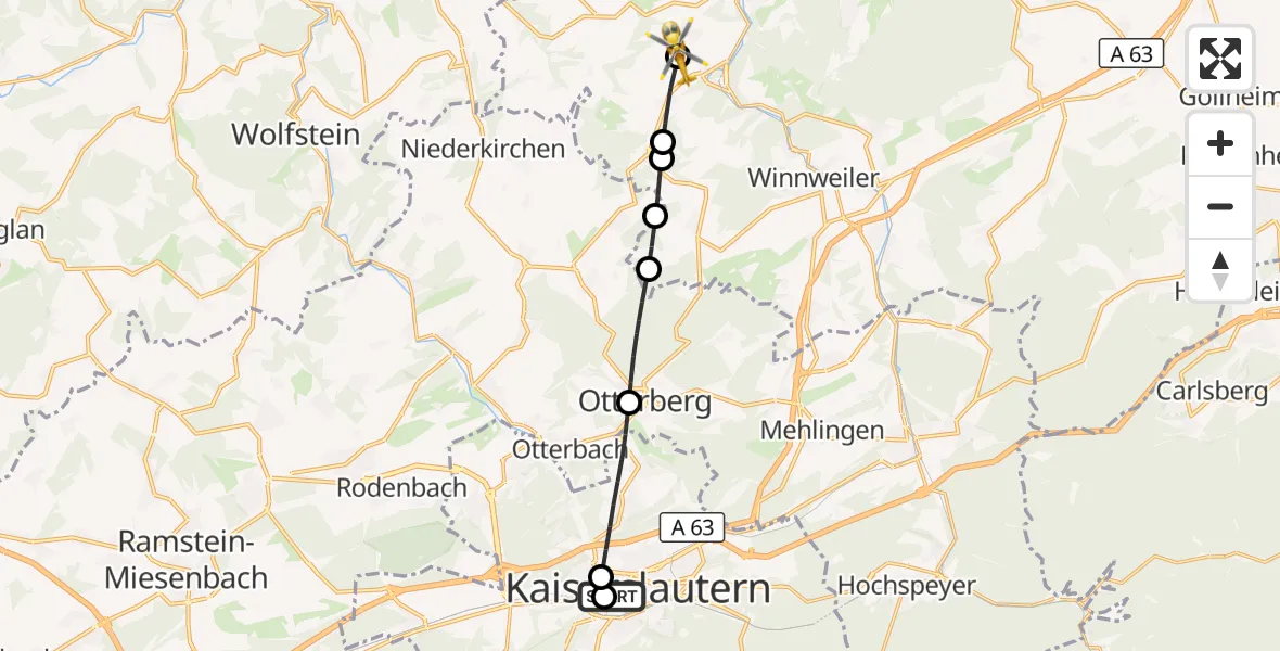 Flugroute Rettungshubschrauber Westpfalz Hospital Kaiserslautern - Rockenhausen, 06 Oktober 2026, 14:56
