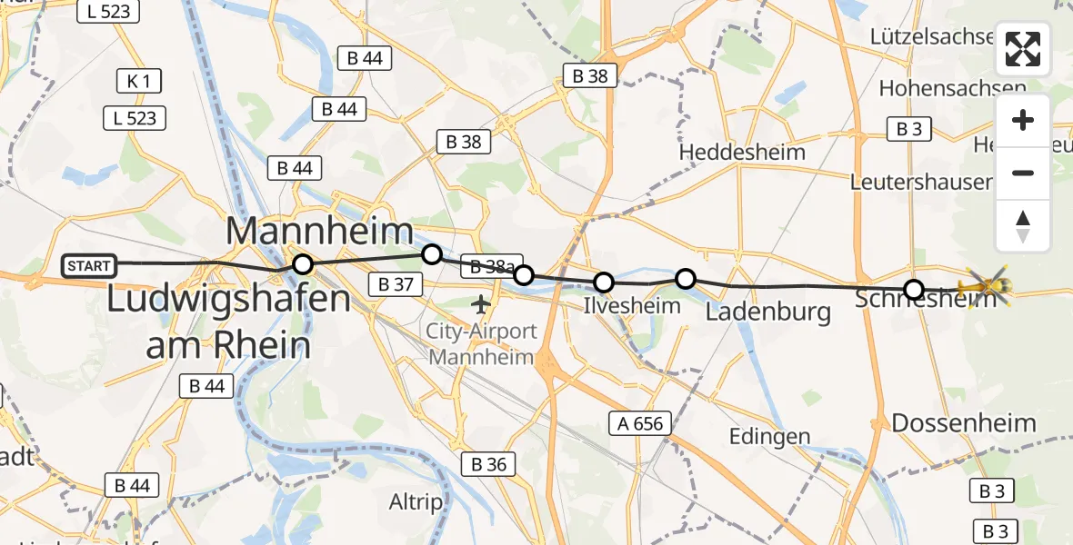 Flugroute Rettungshubschrauber Ludwigshafen am Rhein - Schriesheim, 06 Oktober 2026, 14:57