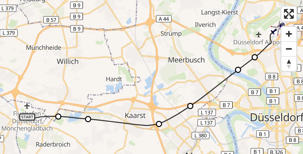Flugroute Polizeihubschrauber Mönchengladbach Flughafen - Düsseldorf Flughafen, 06 Oktober 2026, 15:03