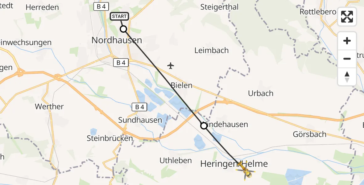 Flugroute Rettungshubschrauber Südharz Hospital Nordhausen - Heringen/Helme, 06 Oktober 2026, 15:11