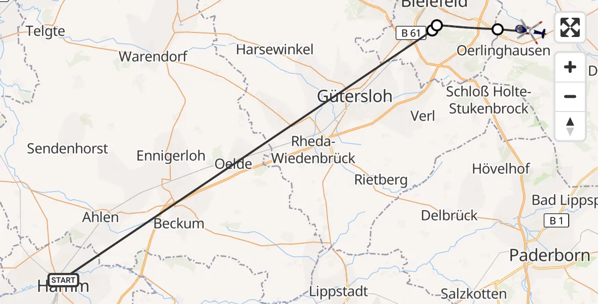 Flugroute Polizeihubschrauber Hamm-Lippewiesen Flugplatz - Leopoldshöhe, 06 Oktober 2026, 15:13