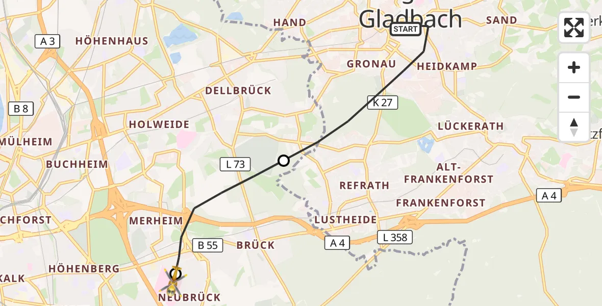 Flugroute Rettungshubschrauber Bergisch Gladbach - Merheim Hospital, 06 Oktober 2026, 15:17