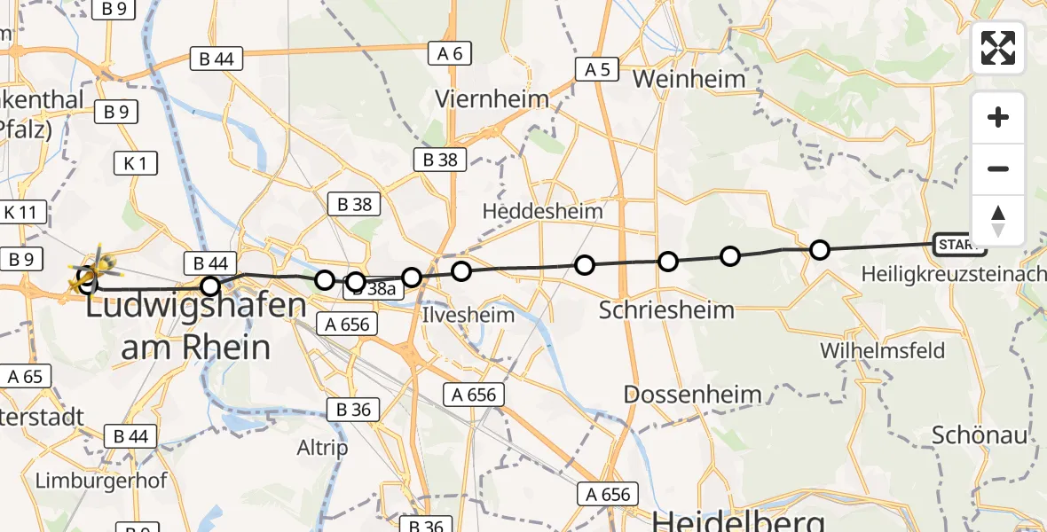 Flugroute Rettungshubschrauber Heiligkreuzsteinach - Ludwigshafen Accident Hospital, 06 Oktober 2026, 15:25