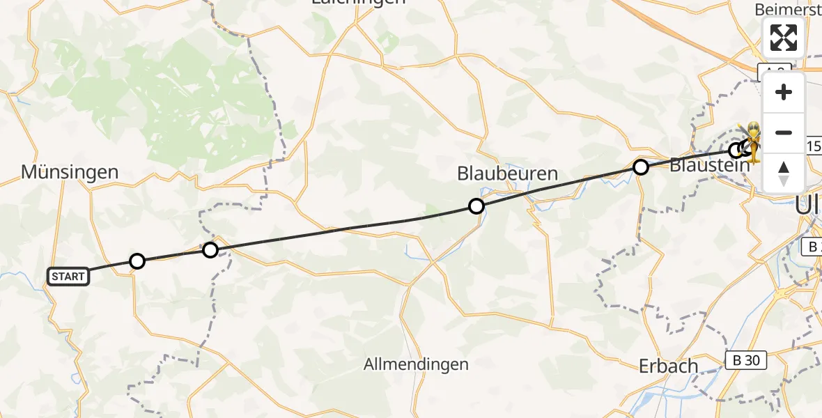 Flugroute Rettungshubschrauber Münsingen - Ulm Military Hospital Emergency, 06 Oktober 2026, 15:27