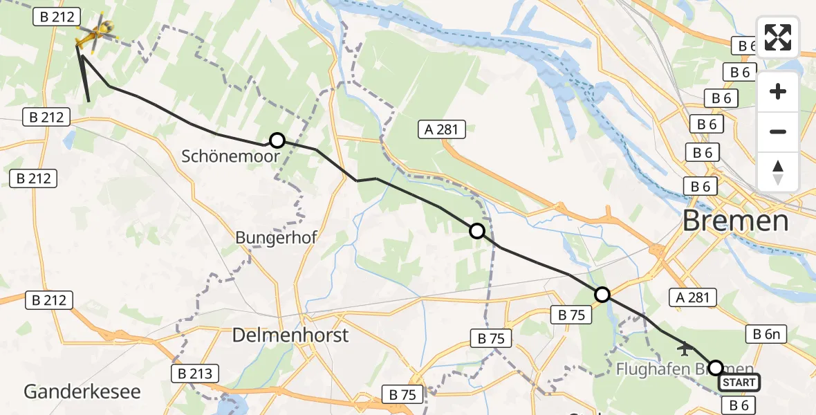 Flugroute Rettungshubschrauber Bremen - Ganderkesee, 06 Oktober 2026, 15:36