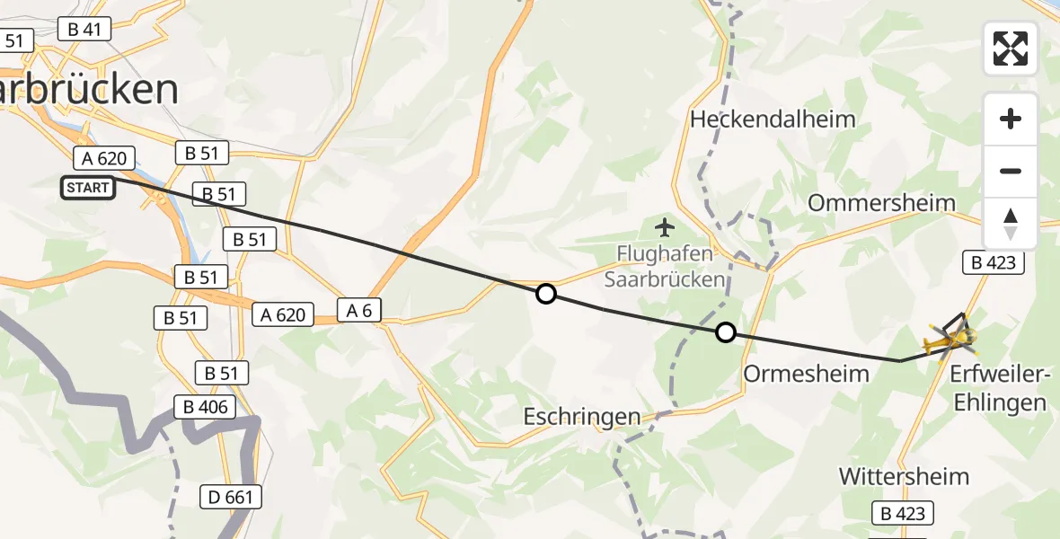 Flugroute Rettungshubschrauber Saarbrücken - Mandelbachtal, 06 Oktober 2026, 15:44