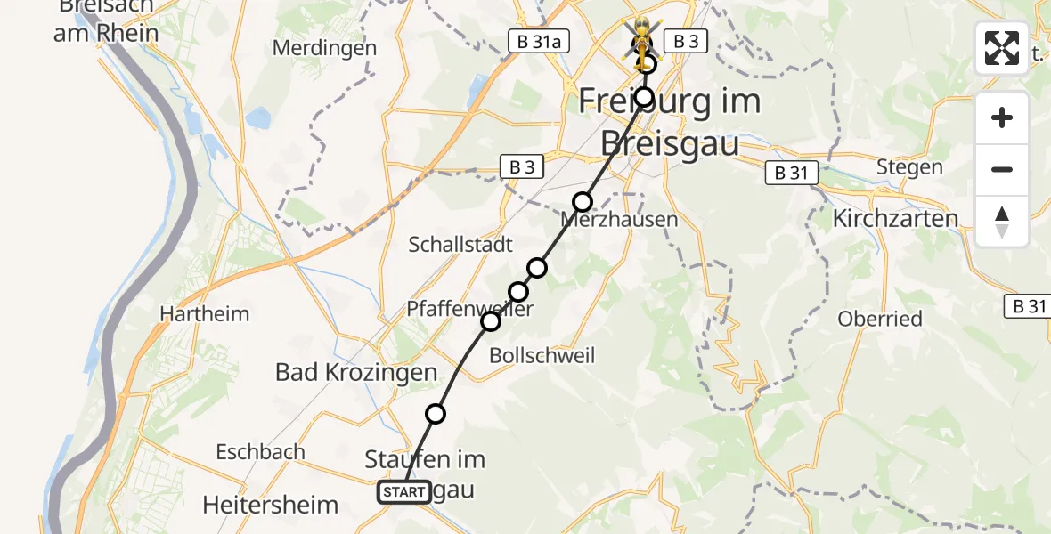 Flugroute Ambulanzhubschrauber Staufen im Breisgau - Freiburg im Breisgau Flugplatz, 06 Oktober 2026, 15:47