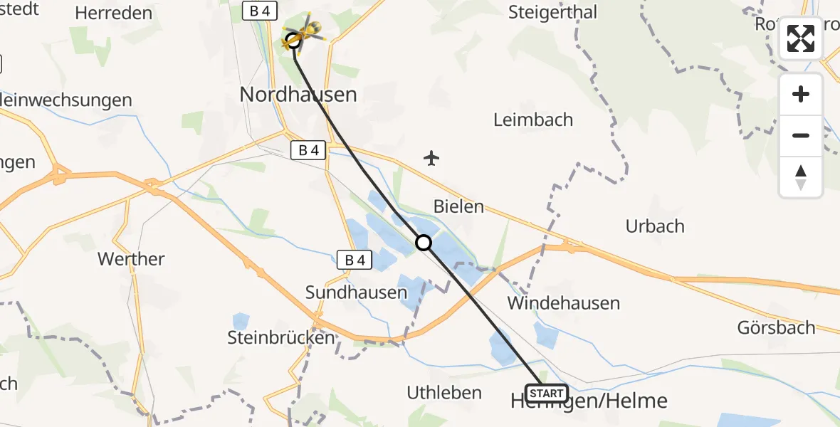 Flugroute Rettungshubschrauber Heringen/Helme - Südharz Hospital Nordhausen, 06 Oktober 2026, 15:50