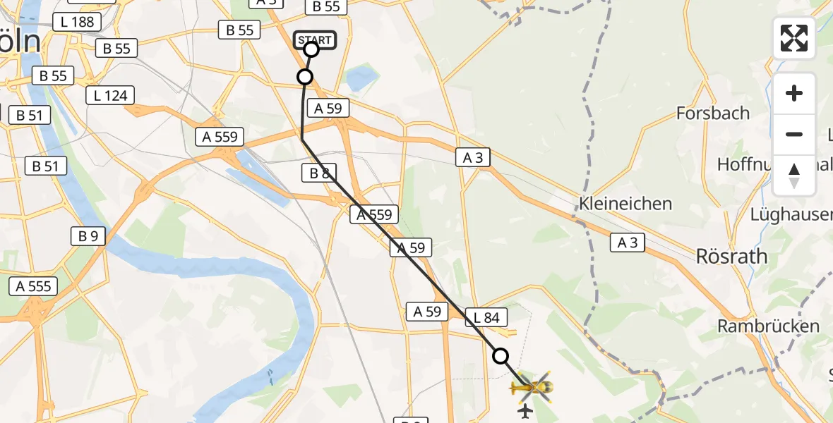 Flugroute Rettungshubschrauber Merheim Hospital - Köln Bonn Flughafen, 06 Oktober 2026, 16:02