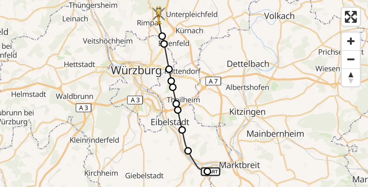 Flugroute Rettungshubschrauber Ochsenfurt Hospital - Rimpar, 06 Oktober 2026, 16:06