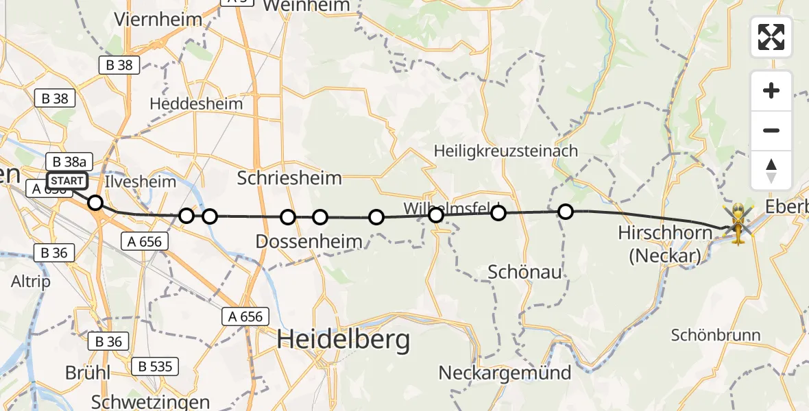 Flugroute Rettungshubschrauber Mannheim-City Flughafen - Hirschhorn (Neckar), 06 Oktober 2026, 16:06
