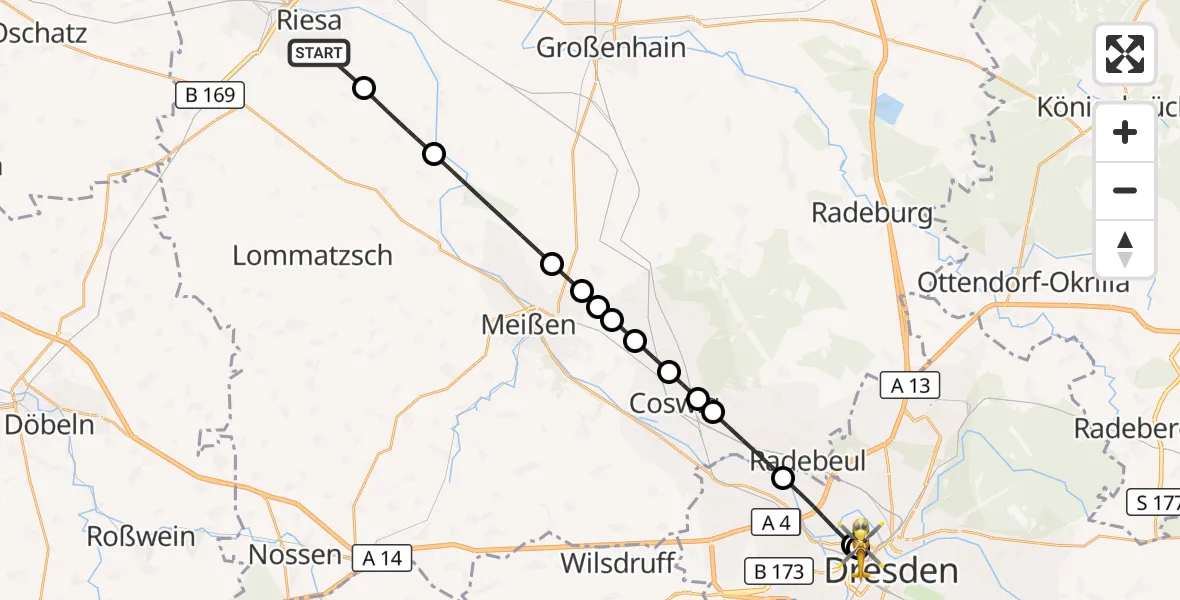 Flugroute Rettungshubschrauber Riesa - Dresden Friedrichstadt Hospital, 06 Oktober 2026, 16:07