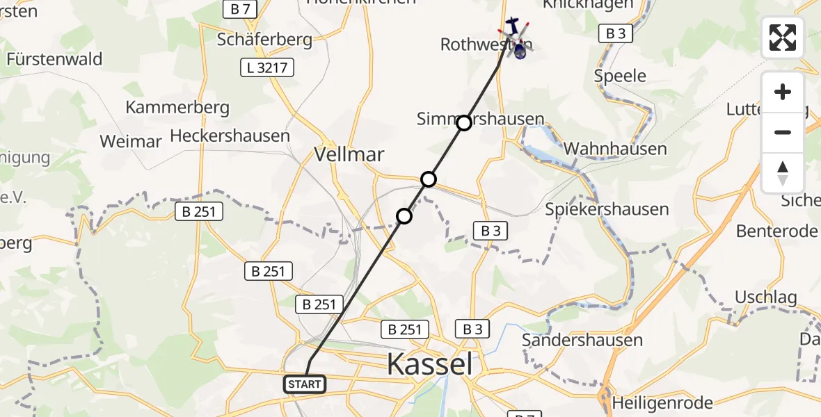Flugroute Polizeihubschrauber Kassel - Fuldatal, 06 Oktober 2026, 16:09