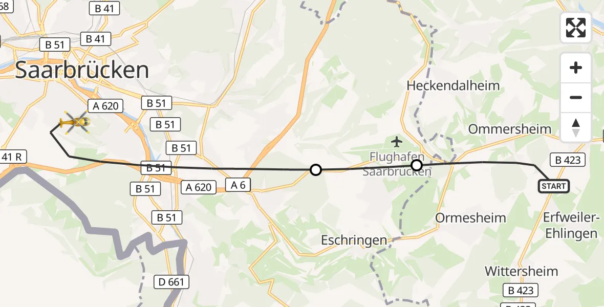Flugroute Rettungshubschrauber Mandelbachtal - Saarbrücken, 06 Oktober 2026, 16:22