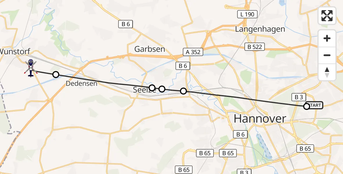 Flugroute Polizeihubschrauber Hannover Luftrettung Hubschrauberlandeplatz (Christoph 4) - Wunstorf, 06 Oktober 2026, 16:30