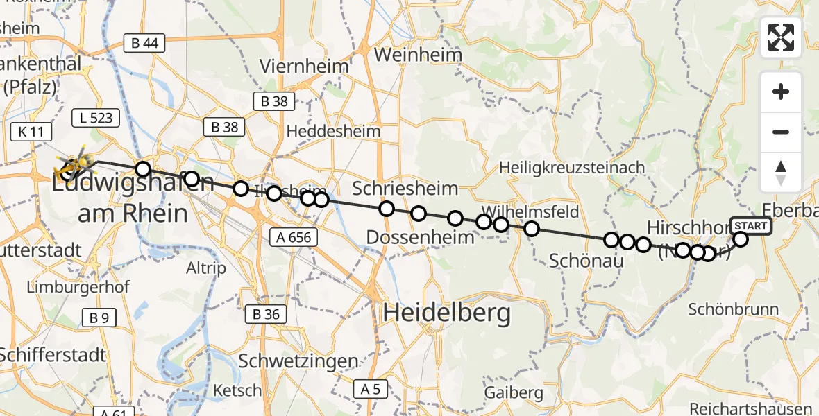 Flugroute Rettungshubschrauber Hirschhorn (Neckar) - Ludwigshafen Accident Hospital, 06 Oktober 2026, 16:30