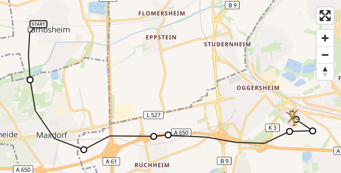 Flugroute Rettungshubschrauber Lambsheim - Ludwigshafen Accident Hospital, 06 Oktober 2026, 16:44