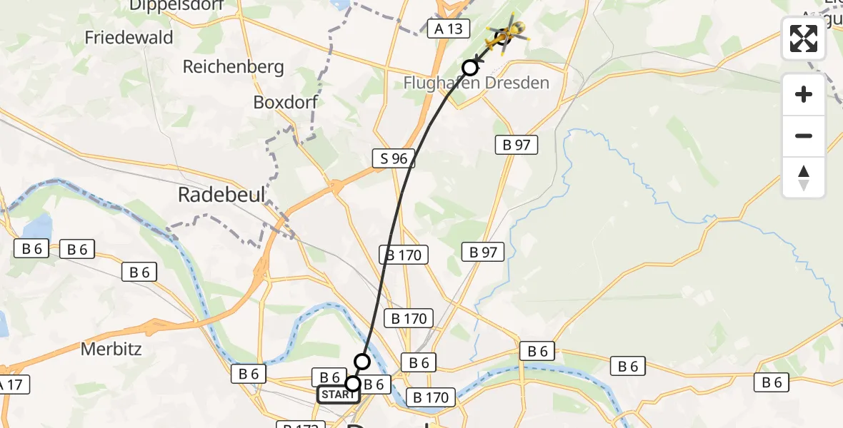Flugroute Rettungshubschrauber Dresden Friedrichstadt Hospital - Dresden Bundespolizei Hubschrauberlandeplatz, 06 Oktober 2026, 16:47