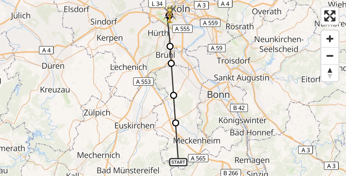 Flugroute Ambulanzhubschrauber Rheinbach - Köln University Hospital, 06 Oktober 2026, 16:52