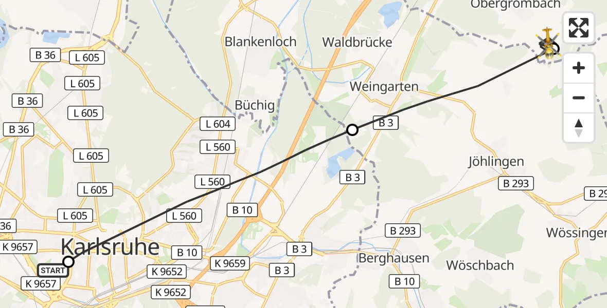 Flugroute Ambulanzhubschrauber Sankt Vincentius Hospital - Bruchsal, 06 Oktober 2026, 17:00