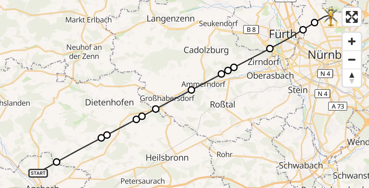 Flugroute Ambulanzhubschrauber Ansbach - Flughafen Nuremberg, 06 Oktober 2026, 17:11