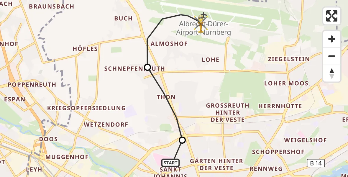Flugroute Rettungshubschrauber Nürnberg North Hospital - Flughafen Nuremberg, 06 Oktober 2026, 17:16