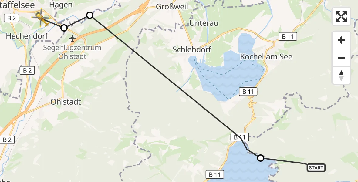 Flugroute Rettungshubschrauber Jachenau - Murnau Accident Hospital Hubschrauberlandeplatz, 06 Oktober 2026, 17:24