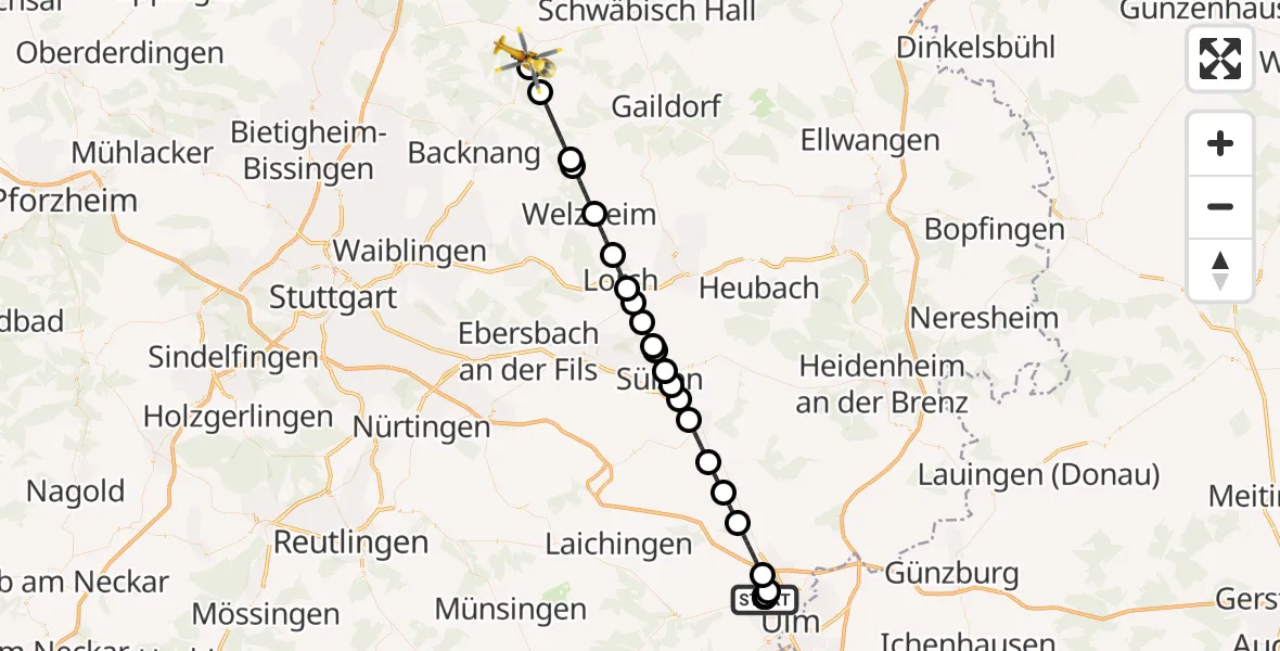 Flugroute Rettungshubschrauber Ulm Military Hospital Emergency - Großerlach, 06 Oktober 2026, 17:30
