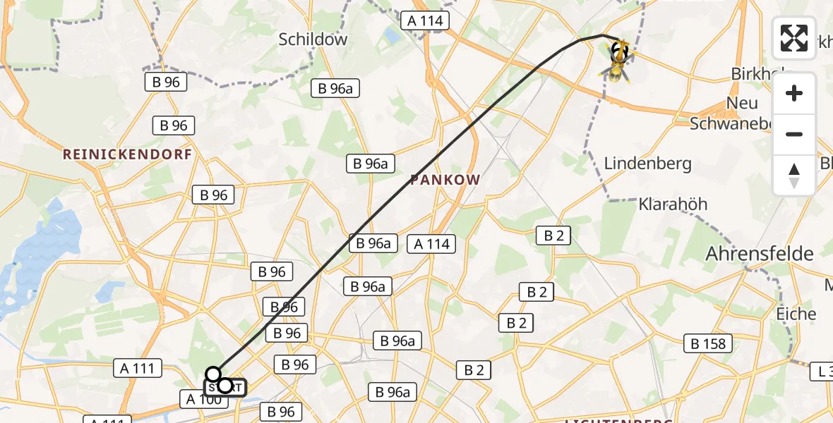 Flugroute Rettungshubschrauber Charité Clinic Virchow Campus - Helios Clinic Berlin-Buch, 06 Oktober 2026, 17:47
