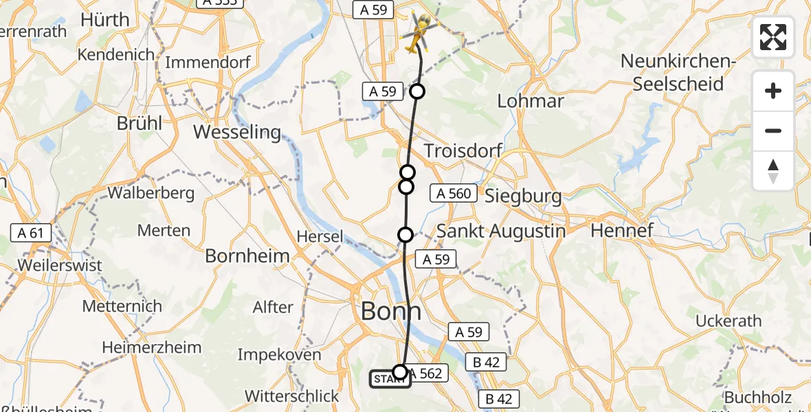 Flugroute Rettungshubschrauber Bonn University Hospital - Köln Bonn Flughafen, 06 Oktober 2026, 17:51