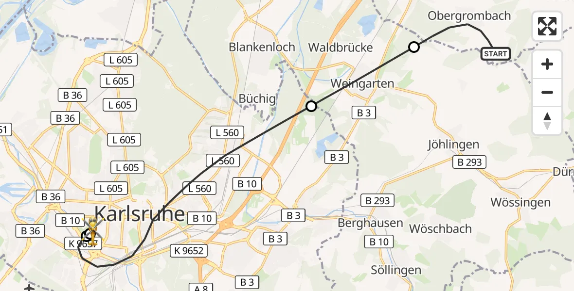 Flugroute Ambulanzhubschrauber Bruchsal - Sankt Vincentius Hospital, 06 Oktober 2026, 18:00