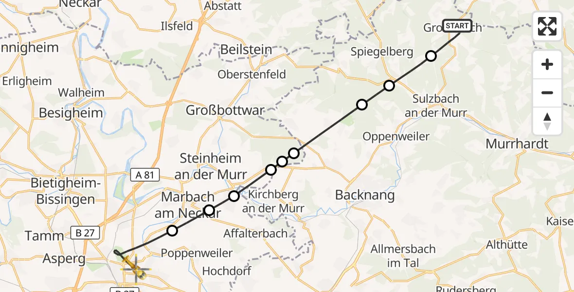 Flugroute Rettungshubschrauber Großerlach - Ludwigsburg, 06 Oktober 2026, 18:34