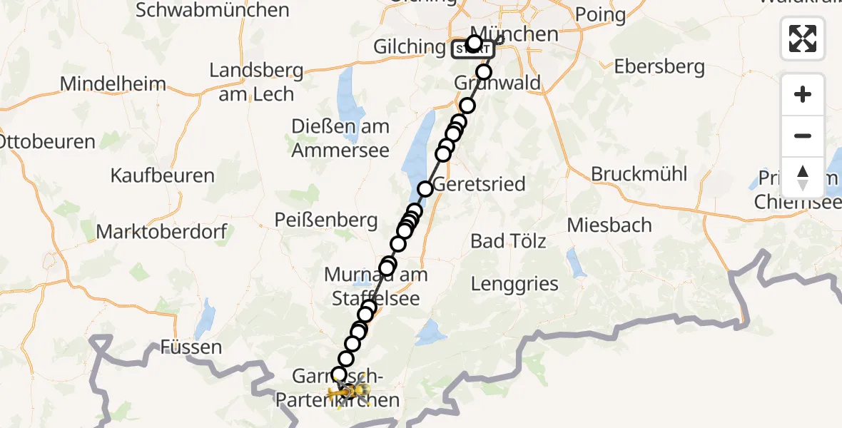 Flugroute Rettungshubschrauber DRF Air Rescue München Hubschrauberlandeplatz - Garmisch-Partenkirchen Clinic Hubschrauberlandeplatz, 06 Oktober 2026, 19:01