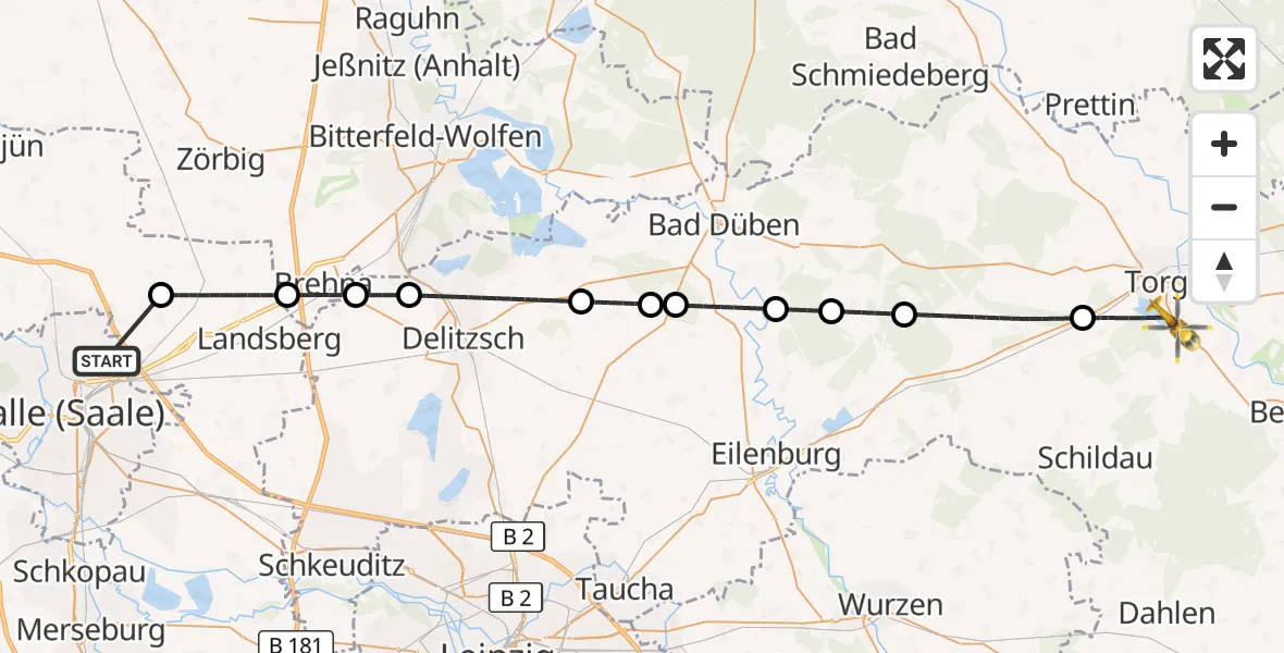 Flugroute Rettungshubschrauber Halle (Saale) - Torgau, 06 Oktober 2026, 19:06