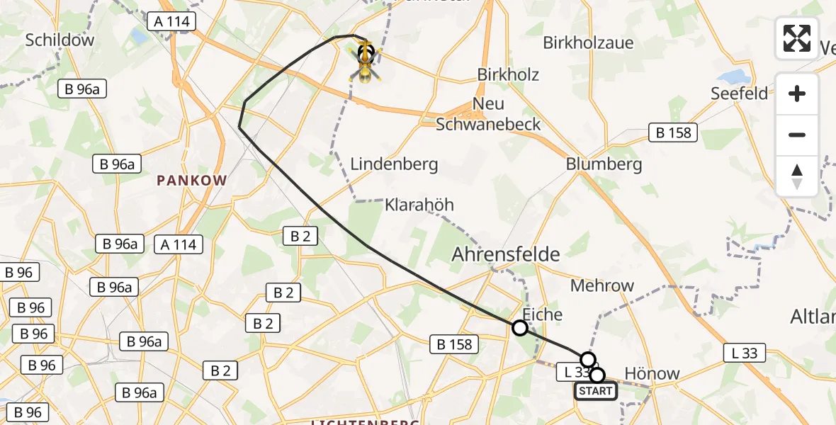 Flugroute Rettungshubschrauber Berlin - Helios Clinic Berlin-Buch, 06 Oktober 2026, 20:04
