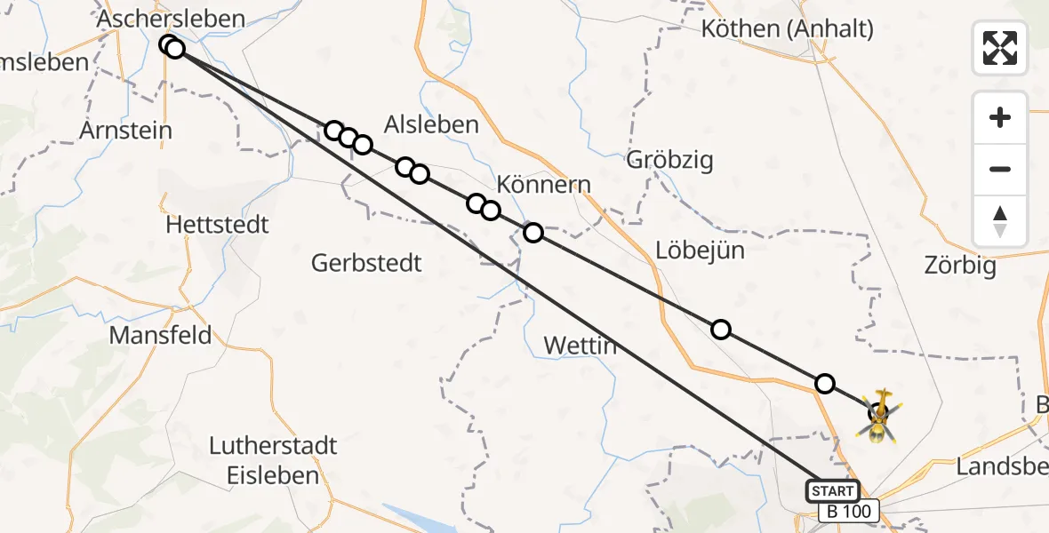 Flugroute Rettungshubschrauber Halle (Saale) - Halle-Oppin Flugplatz, 06 Oktober 2026, 23:22